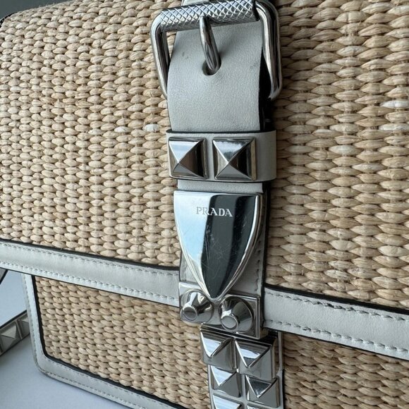 PRADA ELEKTRA SHOULDER BAG HANDBAG WHITE LEATHER AND RAFIA. Auth - Picture 10 of 14